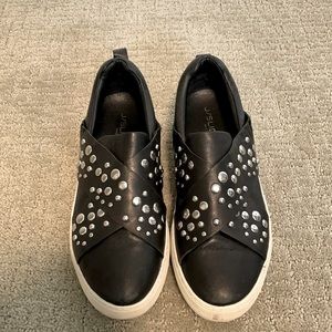 Jslides - black leather platform flat slip ons